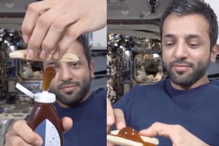 Astronaute émirati montre comment il déguste un sandwich dans l’espace
